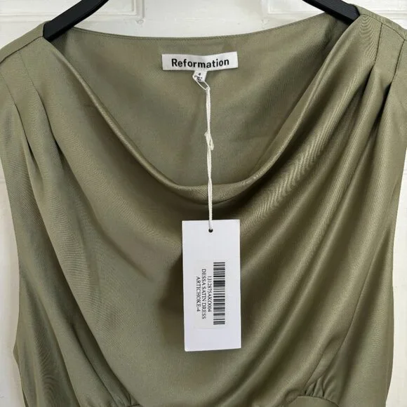 Reformation Dessa Dress NWT Midi Long Artichoke Green Maxi Cowl Neck Cocktail 4 - Picture 6 of 8